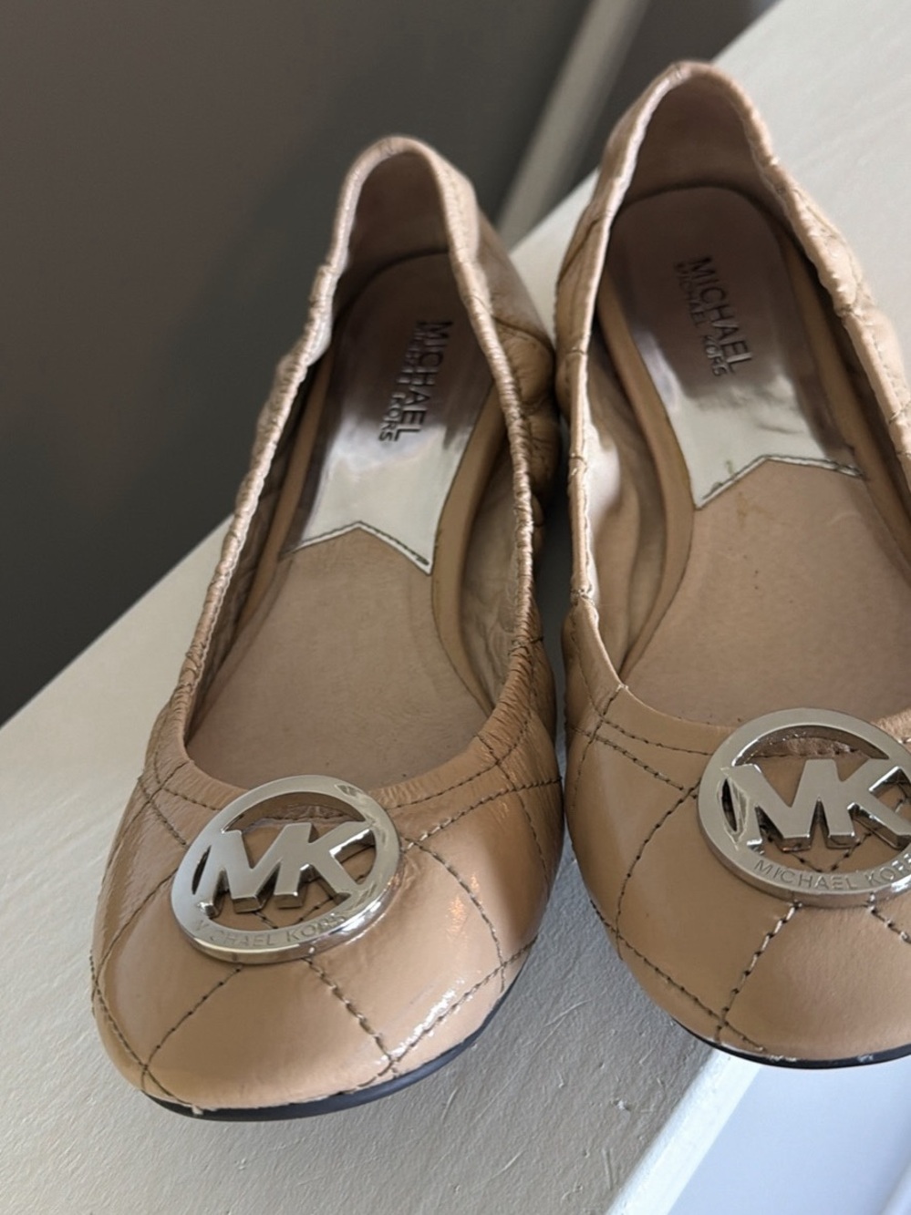 Michael Kors Beige Quilted Leather MK Logo Ballet Flats